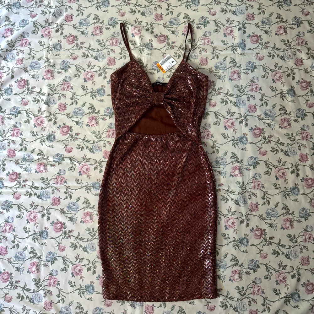 Papaya Brown Glitter Mini Dress